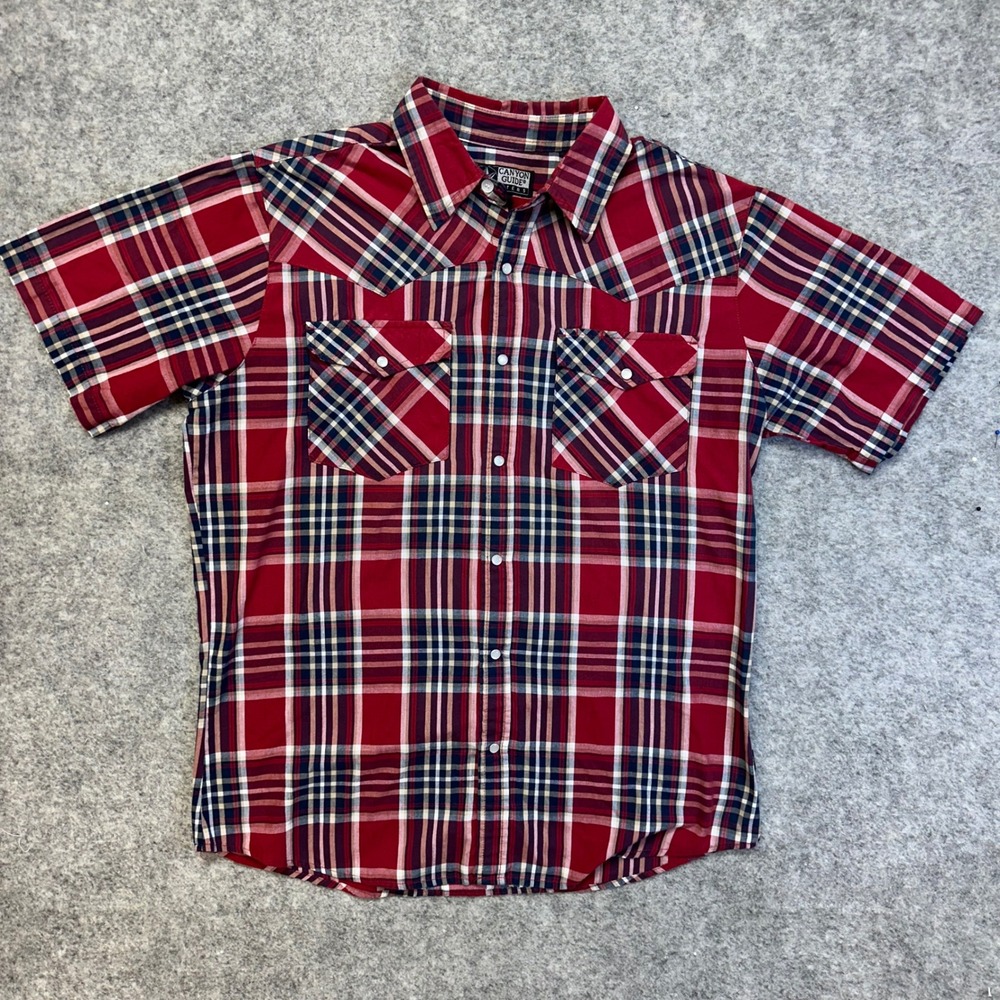 Canyon‎ Guide Western Shirt Mens L Red Plaid Short Sleeve Excellent Pearl Snap